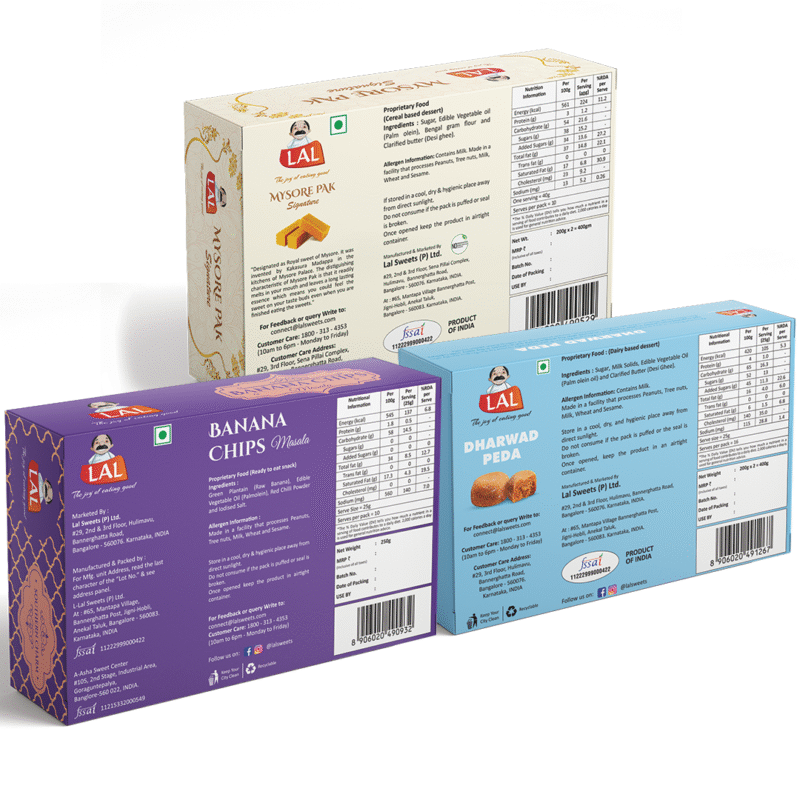 Mysore pak signature 400g, Dharwad peda 400g, Banana chips masala 250g