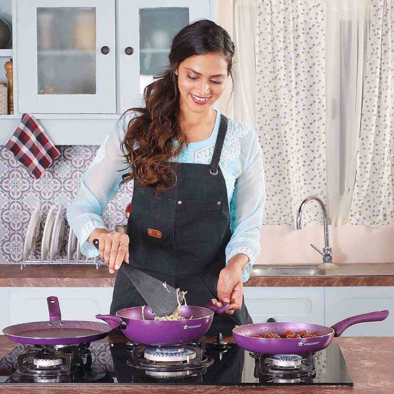 Blueberry Aluminium Non-Stick Cookware Set of 4 | Kadhai with Glass Lid 24cm, Fry Pan 24cm & Dosa Tawa 25cm | Induction Friendly Cookware | Soft Touch Handle | Pure Grade Aluminium | PFOA Free | 2 Year Warranty | Blue - Image 14