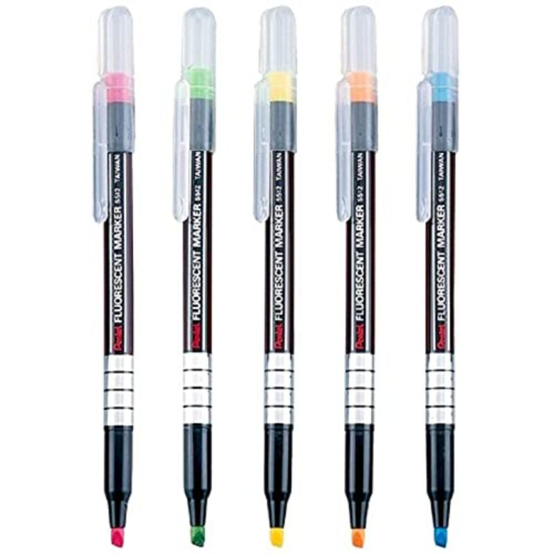 Pentel S512 1.0mm - 3.5mm Chisel Tip Flourescent Highlighter - Multicolour, Pack of 5