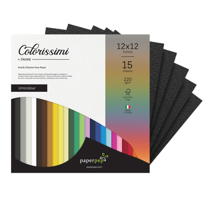 Paper Pep Colorissimi Card Stock 220Gsm 12"X12" Nero (Black) Unicolor Of 15 Sheets