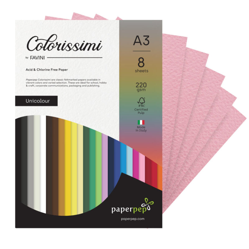 Paper Pep Colorissimi Card Stock 220GSM A3 Rosa (Baby Pink) Unicolor of 8 Sheets