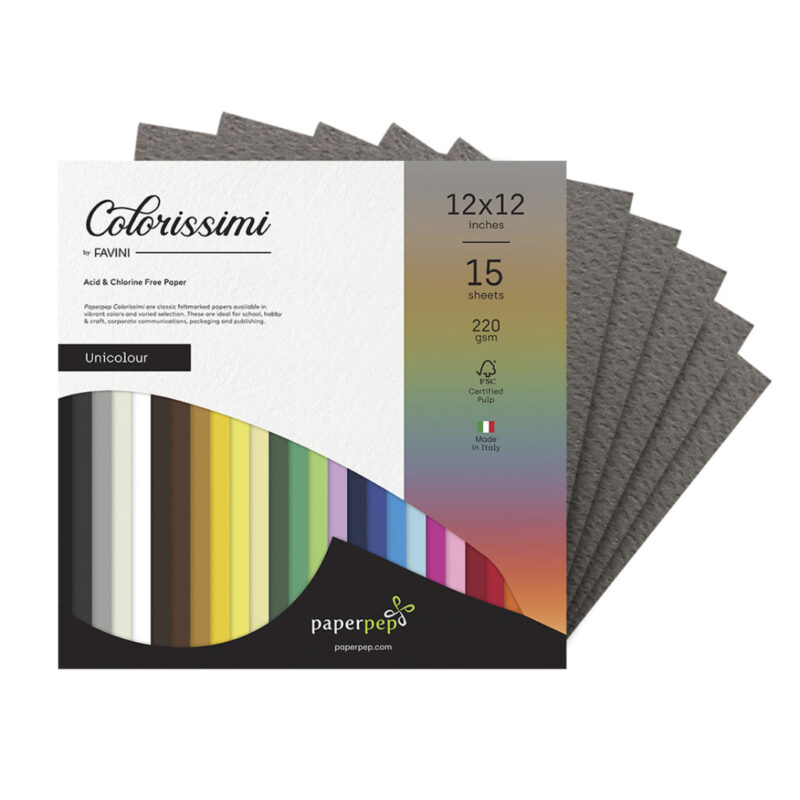 Paper Pep Colorissimi Card Stock 220Gsm 12"X12" Piombo (Dark Grey) Unicolor Of 15 Sheets