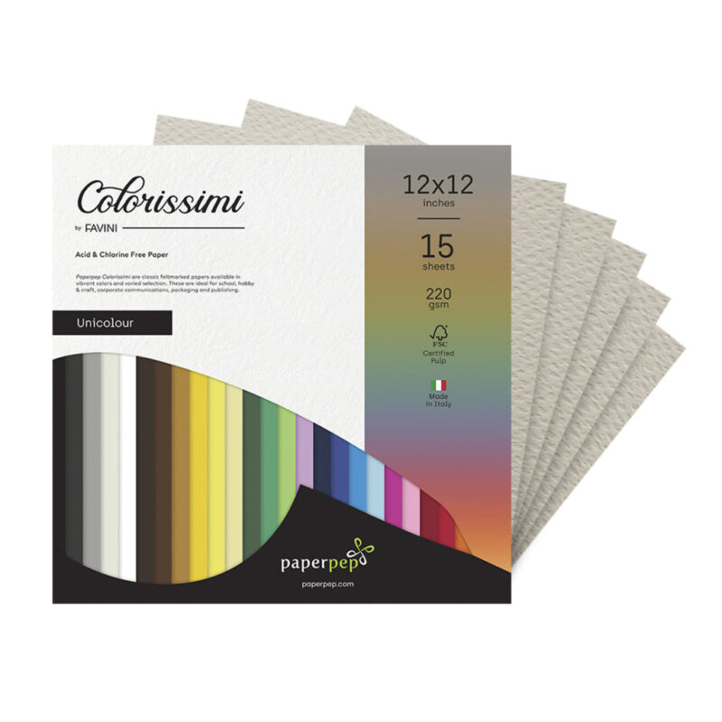 Paper Pep Colorissimi Card Stock 220Gsm 12"X12" Grigio (Light Grey) Unicolor Of 15 Sheets