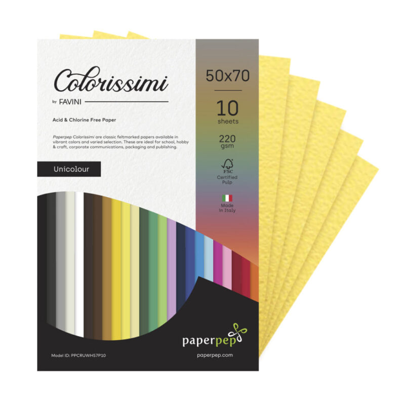 Paper Pep Colorissimi Card Stock 220GSM 50X70CM Girasole (Light Yellow) Unicolor of 10 Sheets