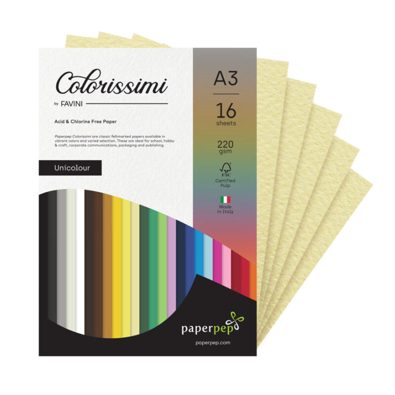 Paper Pep Colorissimi Card Stock 220Gsm A3 Camoscio (Pastel Yellow) Unicolor Pack Of 16 Sheets