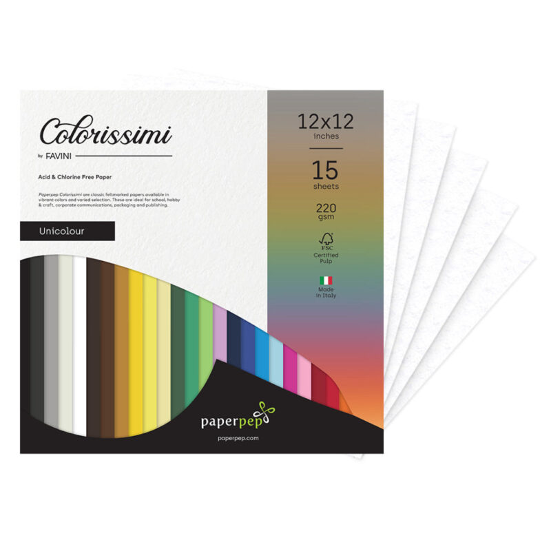 Paper Pep Colorissimi Card Stock 220GSM 12"X12" Bianco (White) Unicolor of 15 Sheets