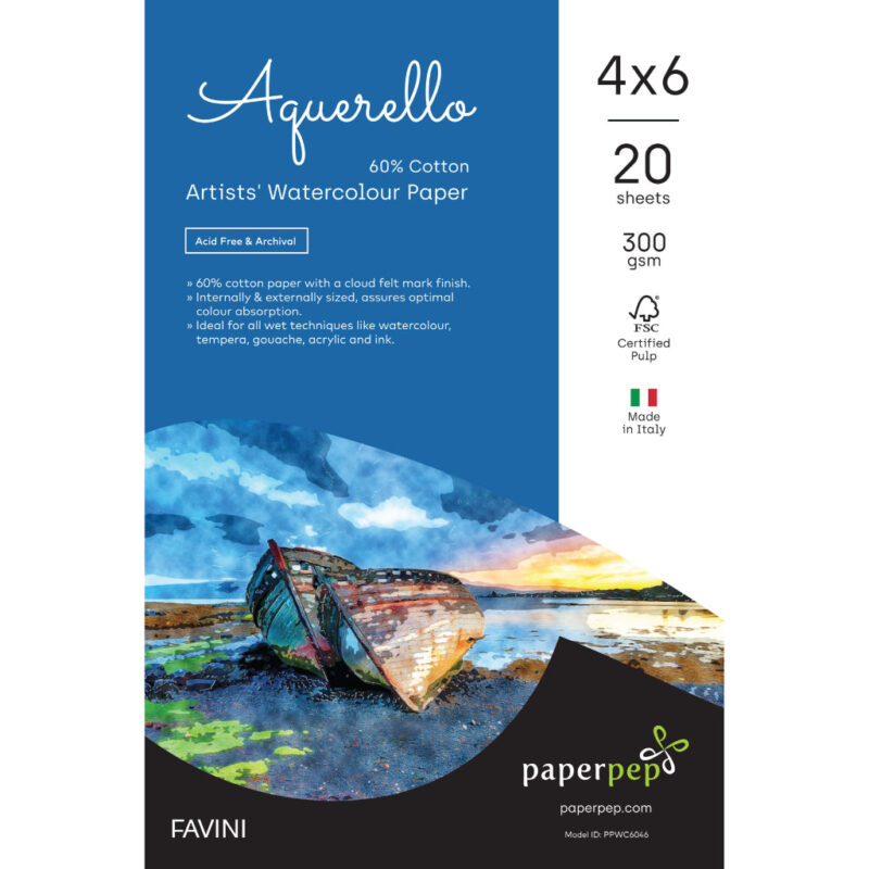 Paper Pep Artists' Aquerello 60% Cotton Watercolour Paper 300Gsm Cold Pressed 4"X6" Pack Of 20