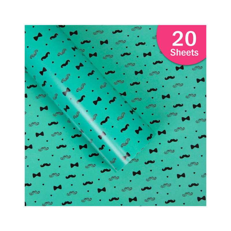 Paper Pep Green Moustache Print Gift Wrapping Paper 19"X29" Pack Of 20 Sheets