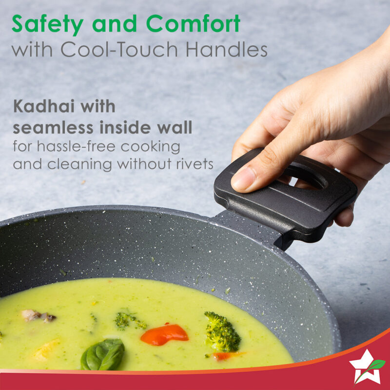 Duralite Die-Cast Kadhai with Lid | 24 cm | 2.4 L | 5 Layer Meta-Tuff Non-Stick Coating | Never Loses Shape | Non-Toxic | Cool Touch Handles and Knob | PFOA Free | Pure Grade Aluminium | Easy to Clean | Grey | 2 Years Warranty - Image 7