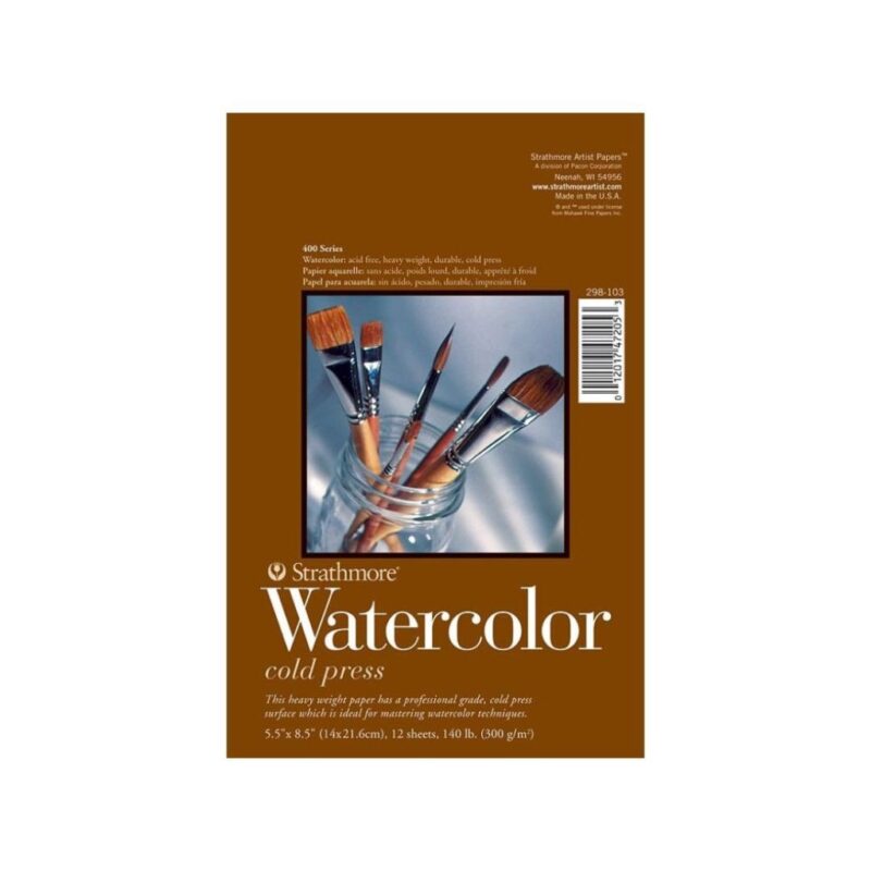 Strathmore 400 Series Watercolor 5.5''X8.5'' Natural White Medium Grain 300 Gsm Paper, Long-Side Tape Bound Pad Of 12 Sheets