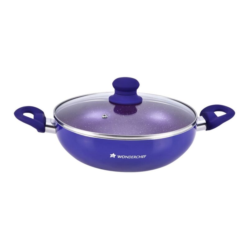Blueberry Aluminium Non-Stick Cookware Set of 4 | Kadhai with Glass Lid 24cm, Fry Pan 24cm & Dosa Tawa 25cm | Induction Friendly Cookware | Soft Touch Handle | Pure Grade Aluminium | PFOA Free | 2 Year Warranty | Blue - Image 2