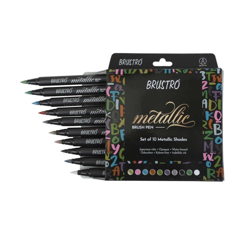 BRUSTRO Metallic Brush Pens - Soft Brush Tip Set of 10 Colors. with Colour Brush Pens Set of 12 (Pigment Based, Hard tip Brush Pen) Flexible tip for Calligraphy, Lettering and Drawing Techniques. - Image 6