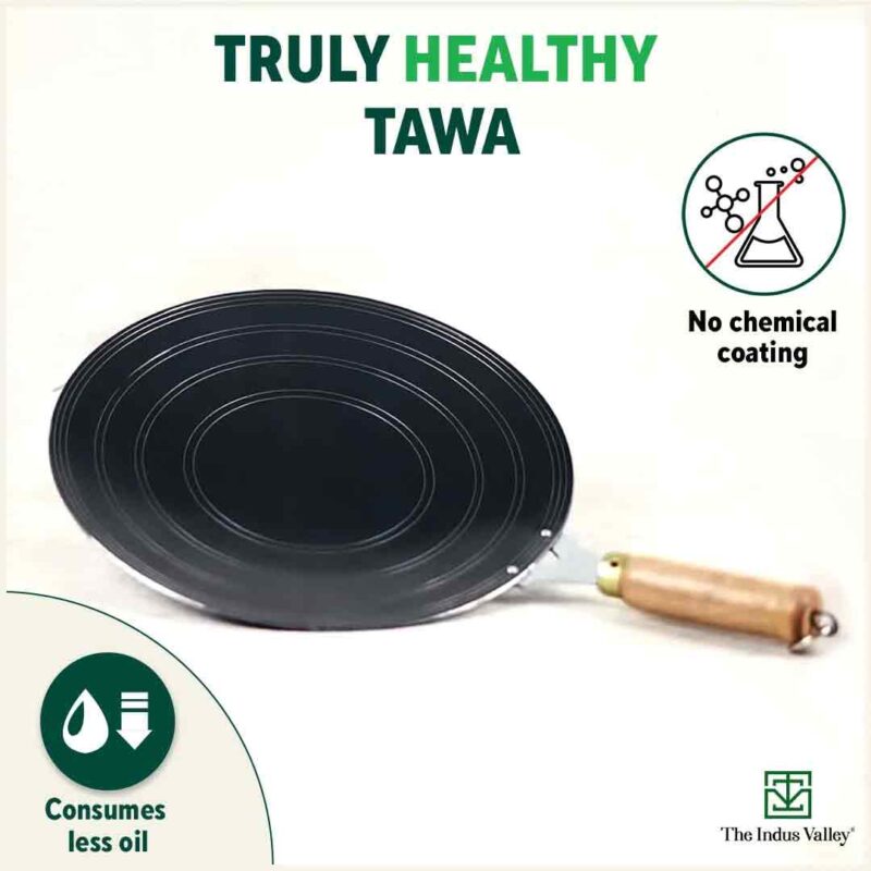 100% Pure Sheet Iron Tawa, Concave, Toxin-free, Seasoned, Wooden Handle, 25.5cm, 0.9kg - Image 4