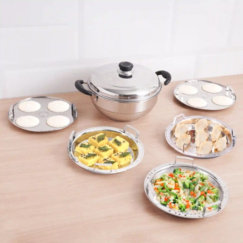 4 Pit Tri-Steel Premium Stainless Steel Idli/ Dhokla/ Momo Maker/ Multi Pot/ Veg Steaming Set, Tri-ply Induction Bottom, 5 Plates, 3L - Image 10
