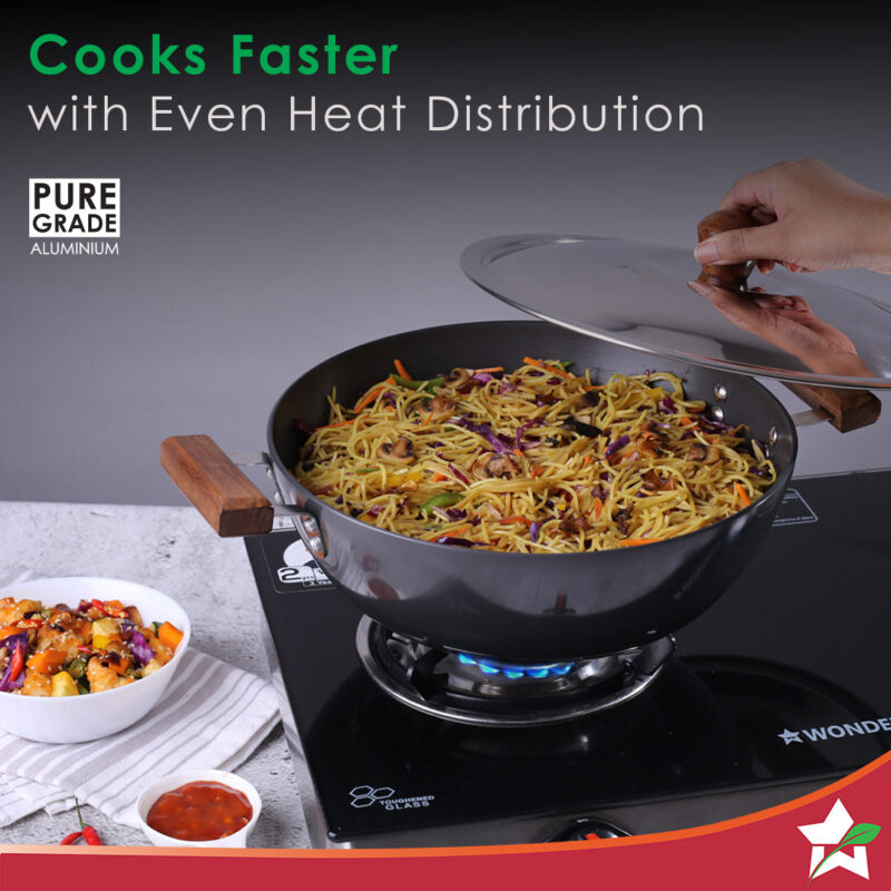 Ebony Hard Anodized 28 cm Wok with Lid | 4.5 Litre | Ideal for Biryani, Pulao| Black / Brown - Image 7