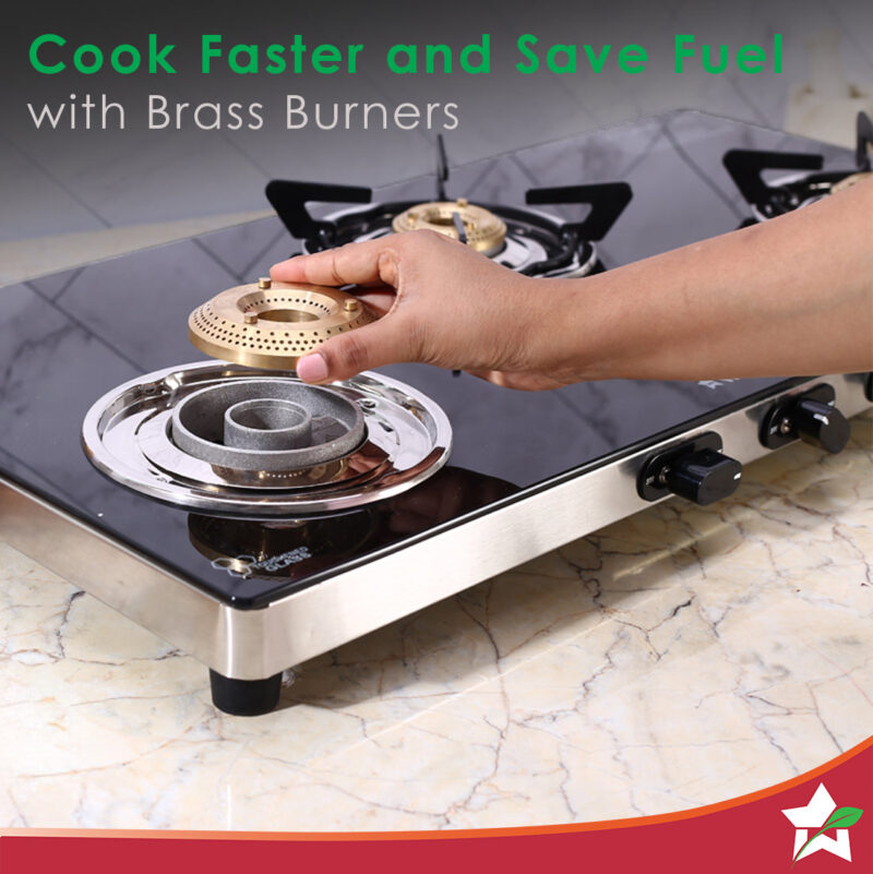 Duralife Slim Glass Cooktop 3 Burner | Heavy Duty Pan Support | Dual Locking System | Easy Grip Sleek Knobs | Brass Burner | Round Stainless Steel Drip Tray | 2 Years Warranty on Glass and Product - Image 3