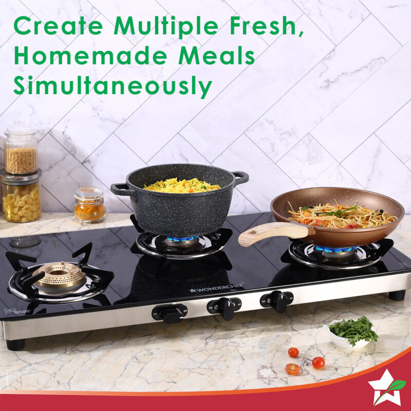 Duralife Slim Glass Cooktop 3 Burner | Heavy Duty Pan Support | Dual Locking System | Easy Grip Sleek Knobs | Brass Burner | Round Stainless Steel Drip Tray | 2 Years Warranty on Glass and Product - Image 5