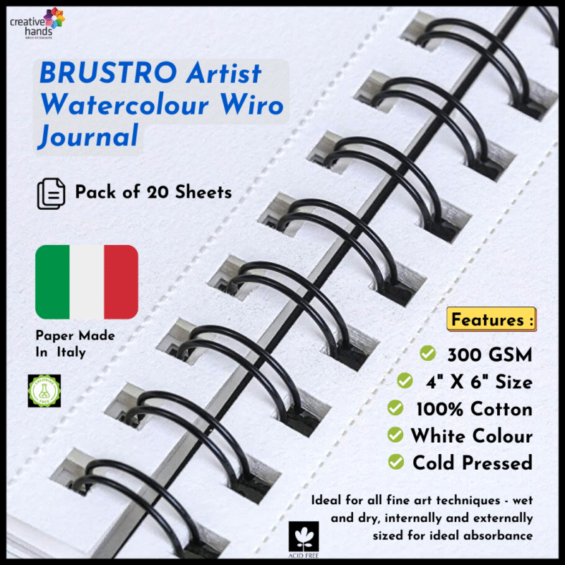 Brustro Artist 100% Cotton Watercolour Wiro Bound Journal Cold Pressed 300 GSM, 4" X 6" – (20 Sheets)