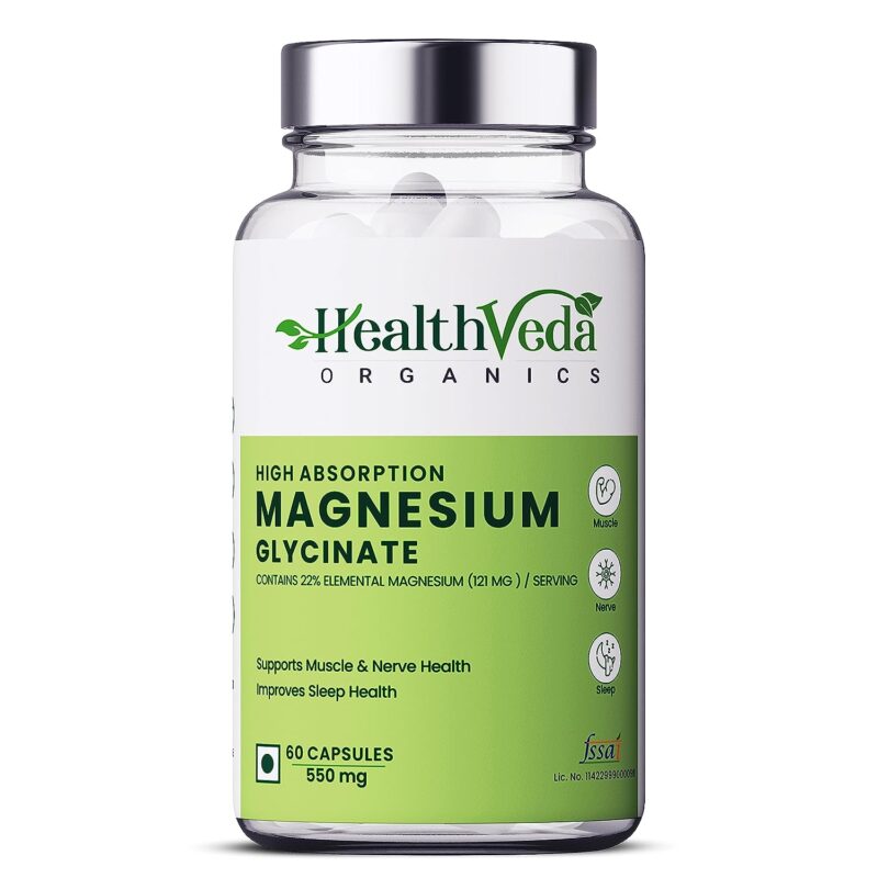 Health Veda Organics High Absorption Magnesium Glycinate, 550mg | 60 Veg Capsules