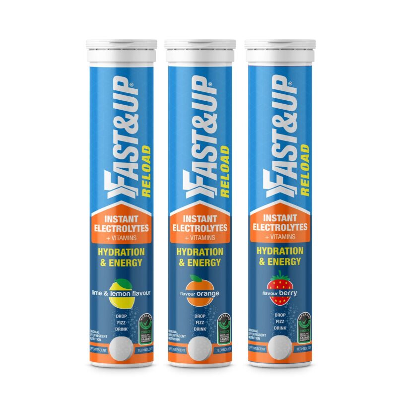 Fast&Up Reload (15 Litres) - 60 Effervescent Tablets with Added Vitamins - Lime and Lemon, Orange, Berry flavour