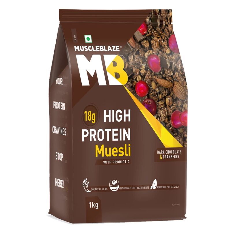 MuscleBlaze High Protein Muesli, Dark Chocolate & Cranberry, 1 kg